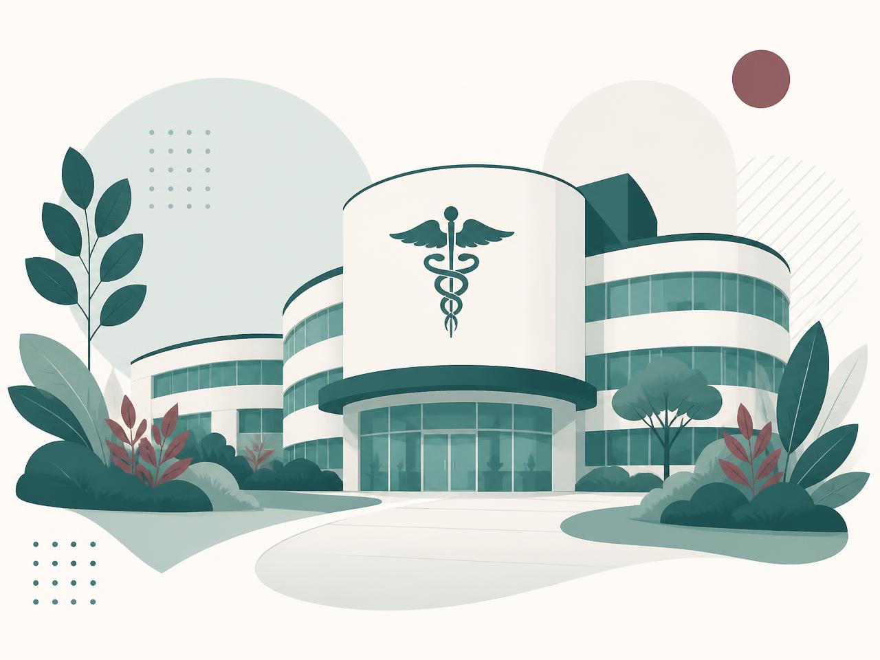 Illustration of the Al Sadiq Welfare Hospital building surrounded by greenery